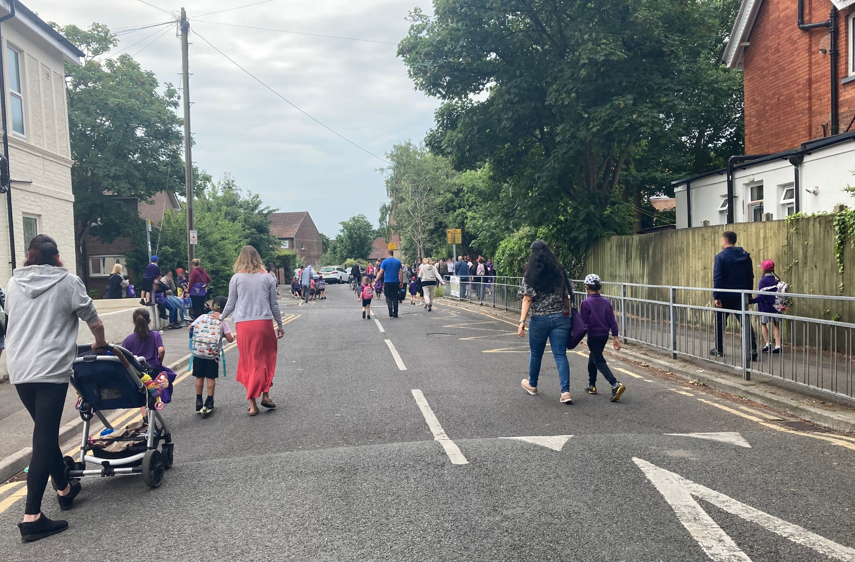 The temporarily closed road outside of the entrance to St Clements & St Johns School, Boscombe, part of BCP Council's School Streets trial campaign.