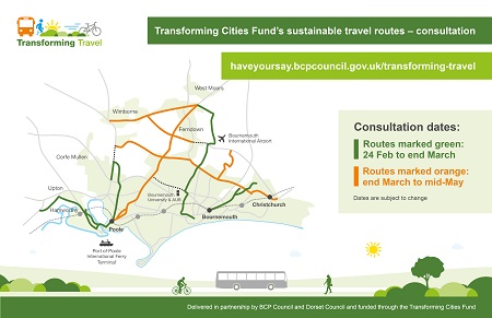 Map showing the 2 consultation tranches for the TCF funded sustainable transport routes.  